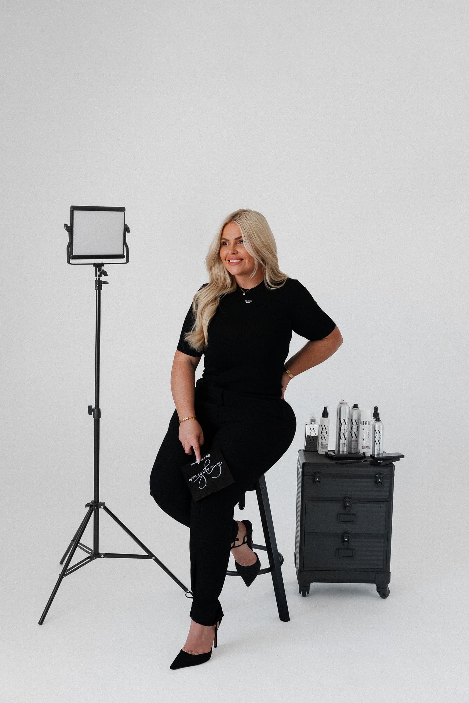 Grace Bailey with professional bridal hair kit in studio
